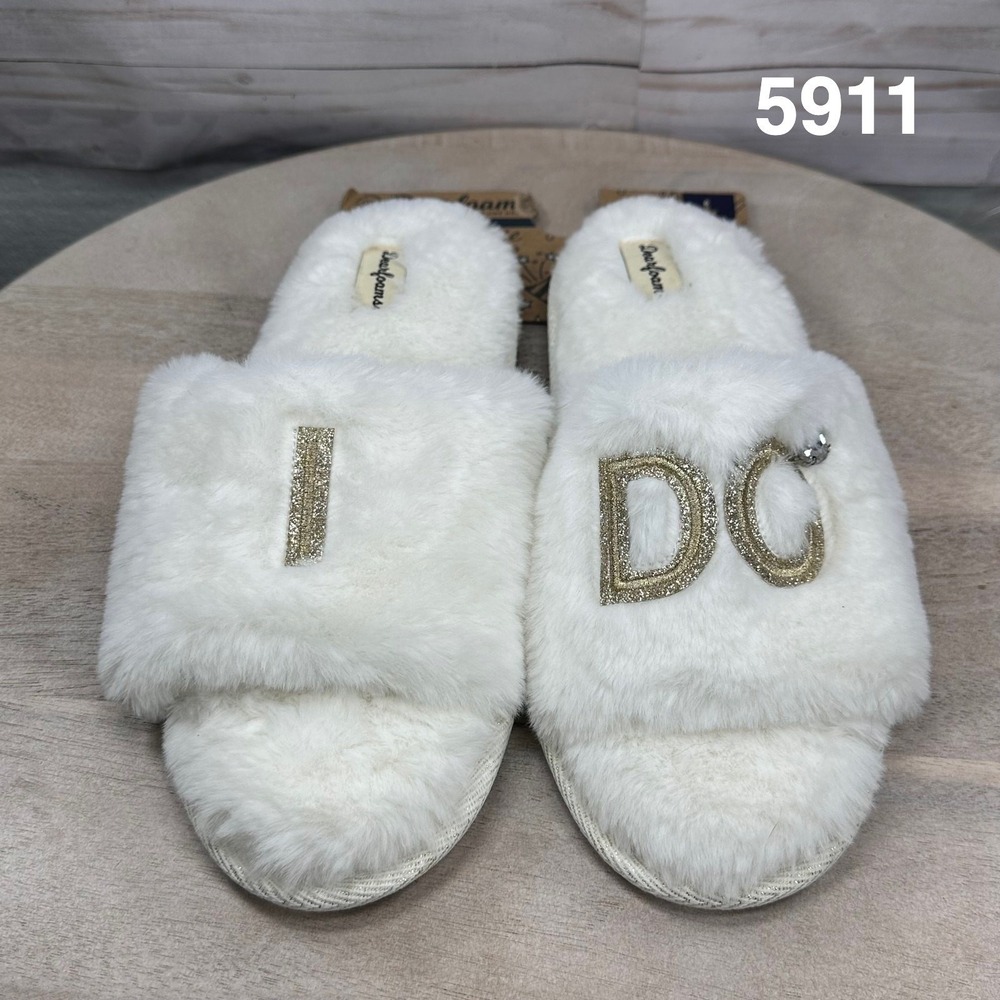 Dearfoams I Do Faux Fur Bridal Slide Slippers Womens Size L White New